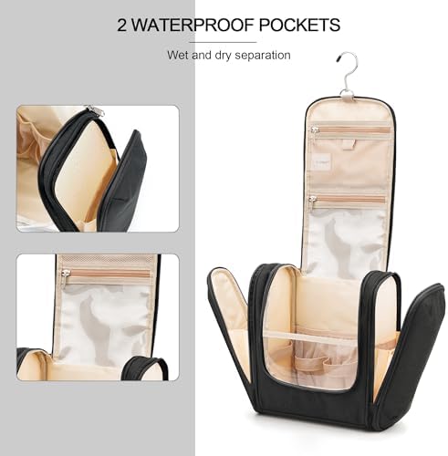 Water-resistant Travel Hanging Toiletry Bag for Women and Men, 6 Organizer Compartments, Holds Full Size Bottles, Black