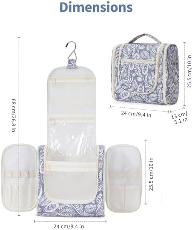 Narwey Large Blue Leaf Hanging Toiletry Bag for Women Travel and Men Cosmetics Organizers