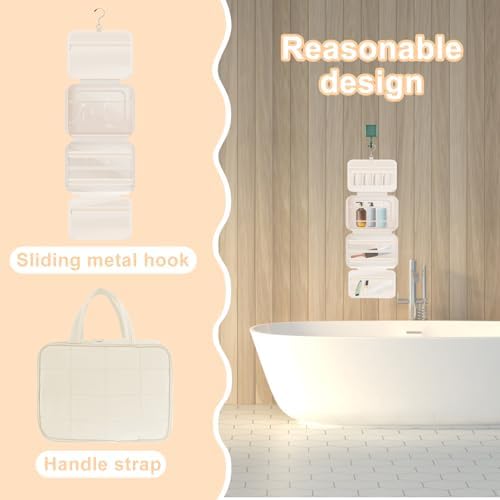 Toiletry Bag Compartmental Organizer Travel BagPortable Foldable with Anti-slip Metal Hook(Beige) Toiletry Bag Compart