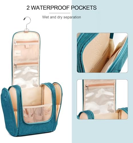 Water-resistant Travel Hanging Toiletry Bag for Women and Men, 6 Organizer Compartments, Holds Full Size Bottles, Black