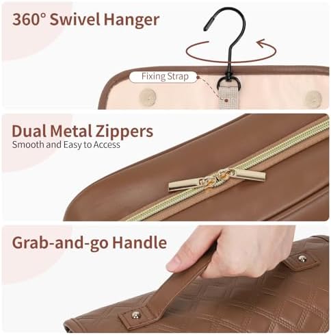 Hanging Travel Bag for Toiletries Quilted Plaid Waterproof Makeup Organizer Brown (M) Smart Large Compartments Toiletr