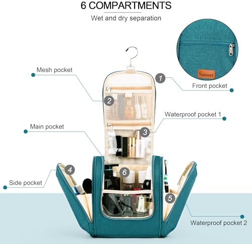 Water-resistant Travel Hanging Toiletry Bag for Women and Men, 6 Organizer Compartments, Holds Full Size Bottles, Black