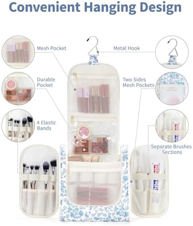 Narwey Large Blue Leaf Hanging Toiletry Bag for Women Travel and Men Cosmetics Organizers