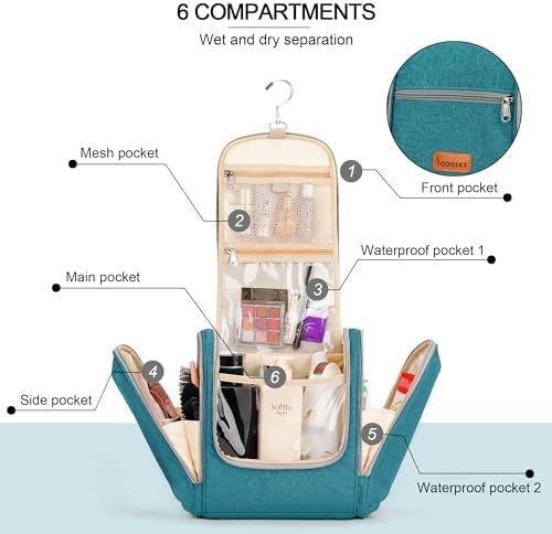 Water-resistant Travel Hanging Toiletry Bag for Women and Men, 6 Organizer Compartments, Holds Full Size Bottles, Black