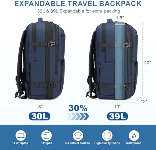 Carry On Travel Backpack 35L-40L Expandable Extra Large Light Daypack for Men and Women (Blue) Travel Backpack 35L-40L