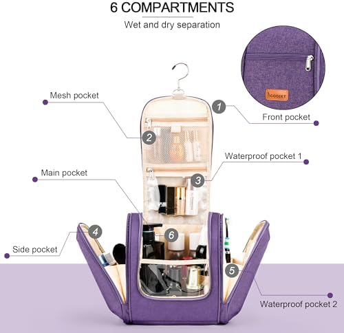 Water-resistant Travel Hanging Toiletry Bag for Women and Men, 6 Organizer Compartments, Holds Full Size Bottles, Black