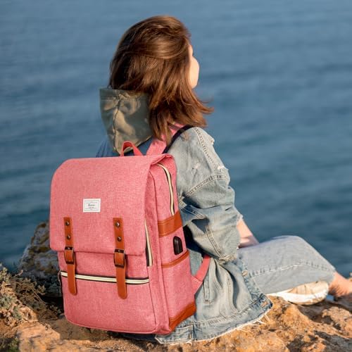 Ronyes Vintage Laptop Backpack for Women and Men, 15.6 inch Red Backpack with USB Charging Port for College and Work