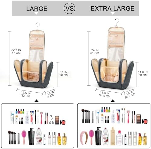 Water-resistant Travel Hanging Toiletry Bag for Women and Men, 6 Organizer Compartments, Holds Full Size Bottles, Black