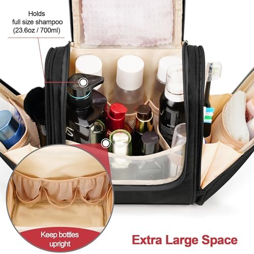 Water-resistant Travel Hanging Toiletry Bag for Women and Men, 6 Organizer Compartments, Holds Full Size Bottles, Black