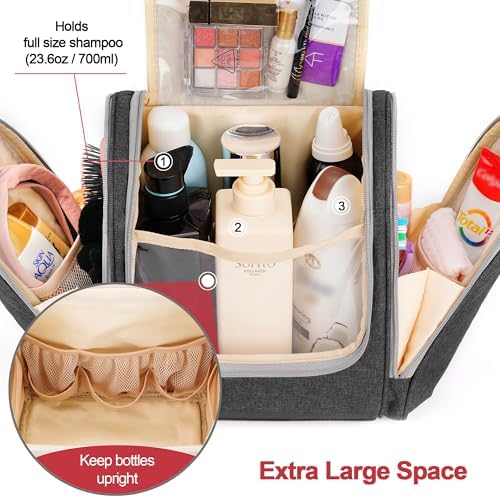 Water-resistant Travel Hanging Toiletry Bag for Women and Men, 6 Organizer Compartments, Holds Full Size Bottles, Black