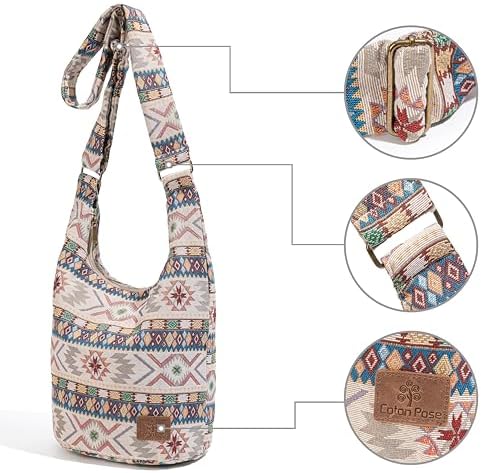 Coton Pose Women's Hippie Crossbody Bag - Top Zip Large Capacity Canvas Sling Bag - Handmade Jacquard Cloth