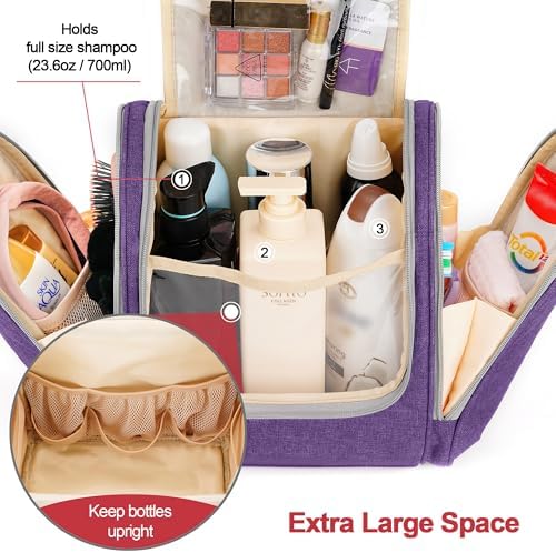 Water-resistant Travel Hanging Toiletry Bag for Women and Men, 6 Organizer Compartments, Holds Full Size Bottles, Black