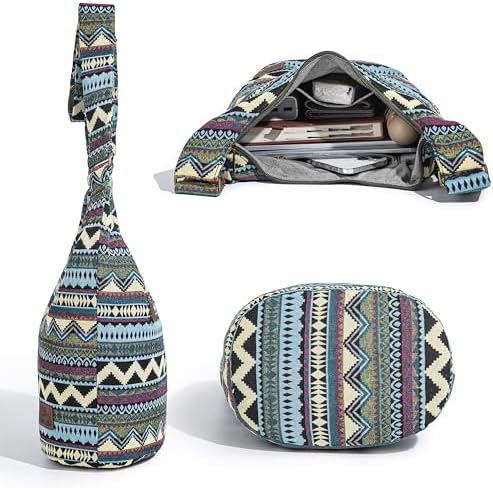 Coton Pose Women's Hippie Crossbody Bag - Top Zip Large Capacity Canvas Sling Bag - Handmade Jacquard Cloth