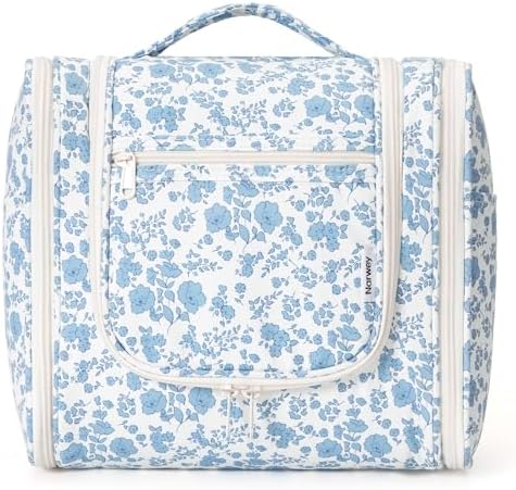 Narwey Large Blue Leaf Hanging Toiletry Bag for Women Travel and Men Cosmetics Organizers