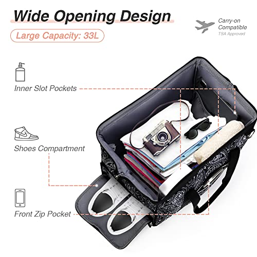 Lekesky Sac de Voyage Boho pour Femmes, Sac de Sport avec Compartiment à Chaussures, Grand Design d'ouverture, 33L(Fleur