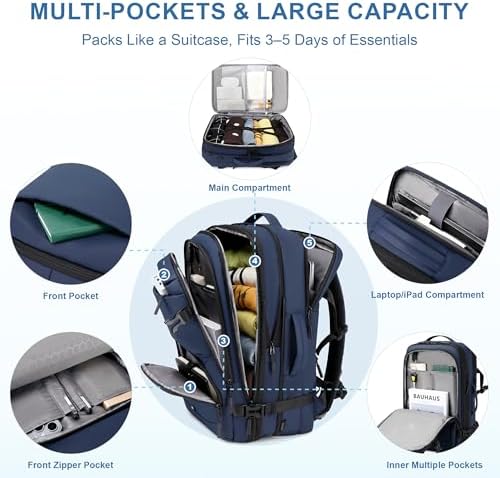 Carry On Travel Backpack 35L-40L Expandable Extra Large Light Daypack for Men and Women (Blue) Travel Backpack 35L-40L