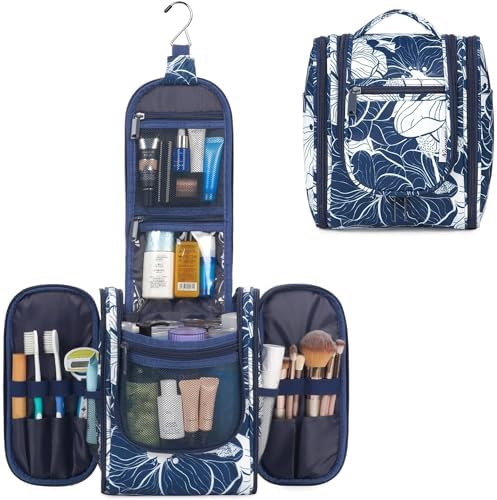 Narwey Large Blue Leaf Hanging Toiletry Bag for Women Travel and Men Cosmetics Organizers