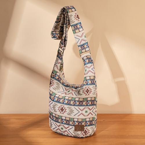 Coton Pose Women's Hippie Crossbody Bag - Top Zip Large Capacity Canvas Sling Bag - Handmade Jacquard Cloth