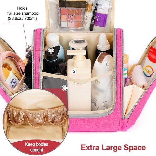 Water-resistant Travel Hanging Toiletry Bag for Women and Men, 6 Organizer Compartments, Holds Full Size Bottles, Black