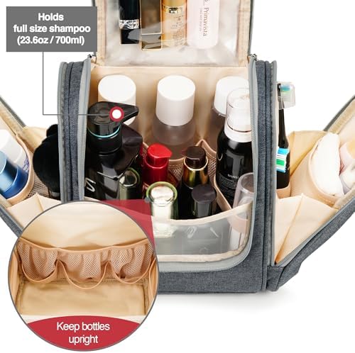 Water-resistant Travel Hanging Toiletry Bag for Women and Men, 6 Organizer Compartments, Holds Full Size Bottles, Black