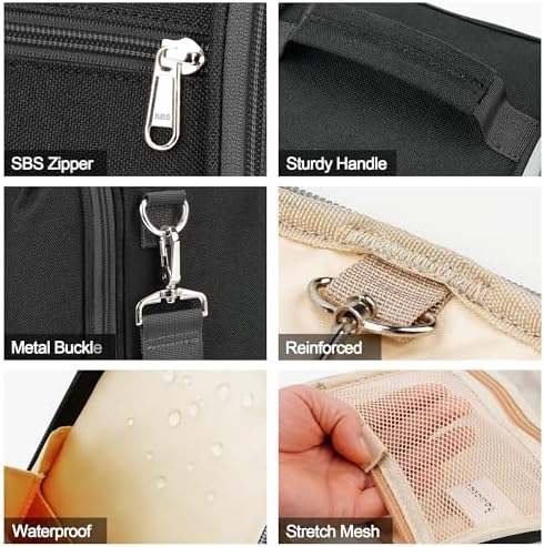 Water-resistant Travel Hanging Toiletry Bag for Women and Men, 6 Organizer Compartments, Holds Full Size Bottles, Black