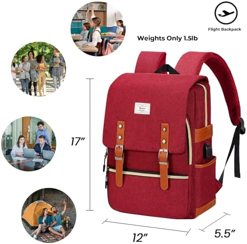 Ronyes Vintage Laptop Backpack for Women and Men, 15.6 inch Red Backpack with USB Charging Port for College and Work