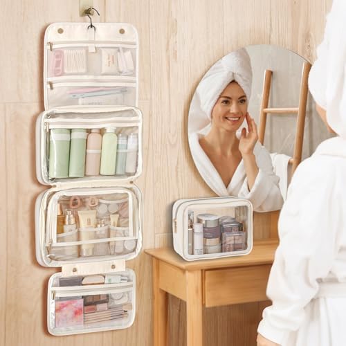 Hanging Travel Bag for Toiletries Quilted Plaid Waterproof Makeup Organizer Brown (M) Smart Large Compartments Toiletr