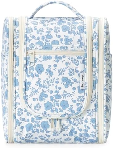 Narwey Large Blue Leaf Hanging Toiletry Bag for Women Travel and Men Cosmetics Organizers