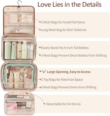 Hanging Travel Bag for Toiletries Quilted Plaid Waterproof Makeup Organizer Brown (M) Smart Large Compartments Toiletr