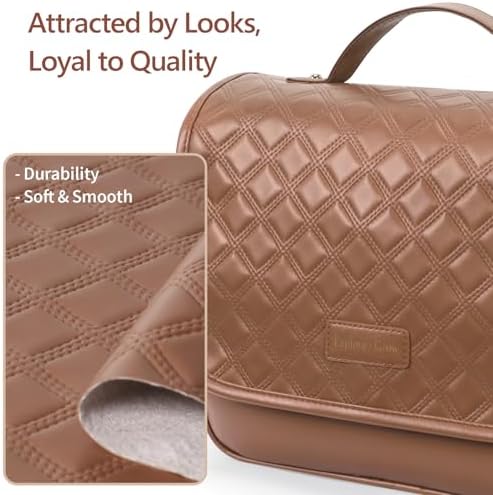 Hanging Travel Bag for Toiletries Quilted Plaid Waterproof Makeup Organizer Brown (M) Smart Large Compartments Toiletr