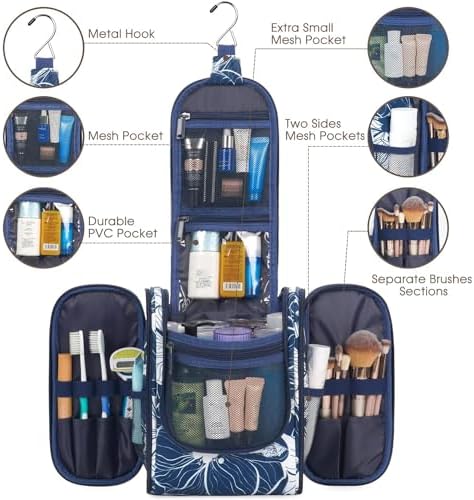Narwey Large Blue Leaf Hanging Toiletry Bag for Women Travel and Men Cosmetics Organizers