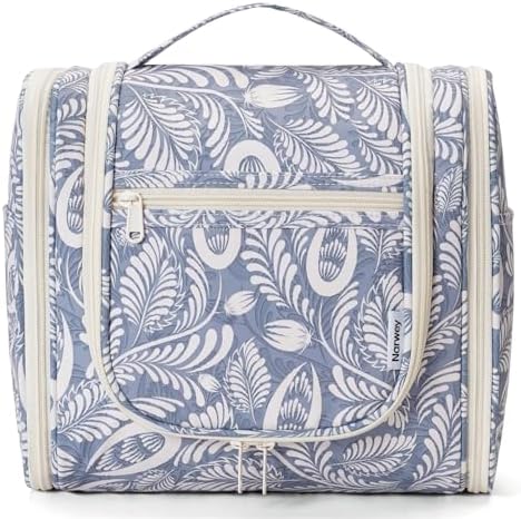 Narwey Large Blue Leaf Hanging Toiletry Bag for Women Travel and Men Cosmetics Organizers
