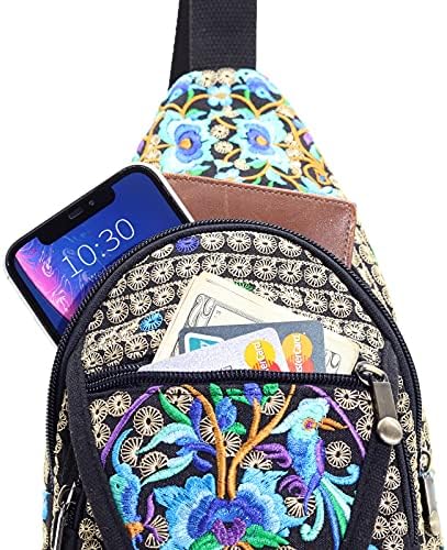 SILKAREA Embroidered Boho Small Sling Bag for Women Travel (Blue) SILKAREA Embroidered Boho Small Sling Bag for Women Ch