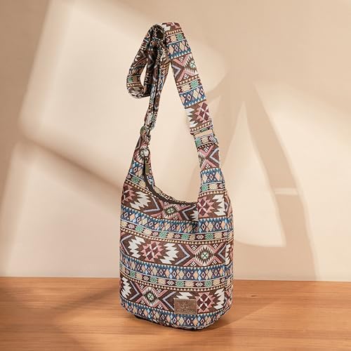 Coton Pose Women's Hippie Crossbody Bag - Top Zip Large Capacity Canvas Sling Bag - Handmade Jacquard Cloth