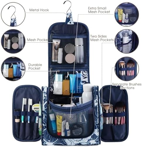 Narwey Large Blue Leaf Hanging Toiletry Bag for Women Travel and Men Cosmetics Organizers