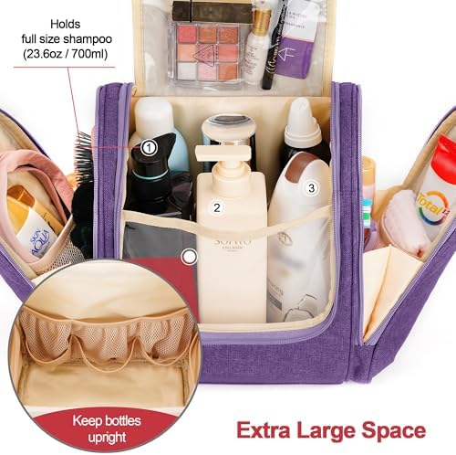 Water-resistant Travel Hanging Toiletry Bag for Women and Men, 6 Organizer Compartments, Holds Full Size Bottles, Black