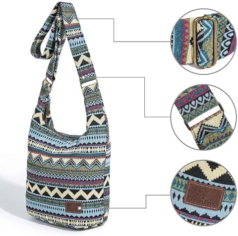 Coton Pose Women's Hippie Crossbody Bag - Top Zip Large Capacity Canvas Sling Bag - Handmade Jacquard Cloth