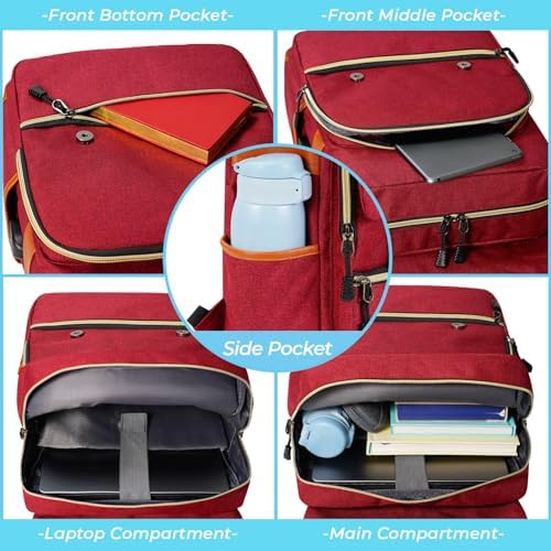 Ronyes Vintage Laptop Backpack for Women and Men, 15.6 inch Red Backpack with USB Charging Port for College and Work