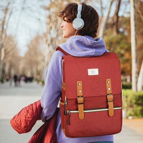 Ronyes Vintage Laptop Backpack for Women and Men, 15.6 inch Red Backpack with USB Charging Port for College and Work