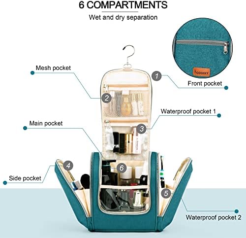 Water-resistant Travel Hanging Toiletry Bag for Women and Men, 6 Organizer Compartments, Holds Full Size Bottles, Black