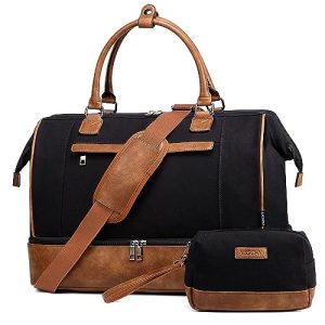 VASCHY Sac de Voyage Femme 38.2L, Sacs de Sport Weekend Nuit VASCHY Black et Brown pour Cabine Gymnase avec Compartiment