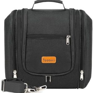 Water-resistant Travel Hanging Toiletry Bag for Women and Men, 6 Organizer Compartments, Holds Full Size Bottles, Black