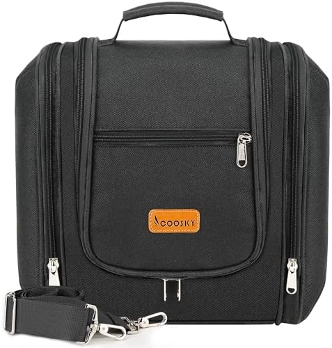 Water-resistant Travel Hanging Toiletry Bag for Women and Men, 6 Organizer Compartments, Holds Full Size Bottles, Black