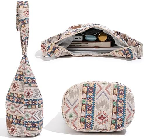 Coton Pose Women's Hippie Crossbody Bag - Top Zip Large Capacity Canvas Sling Bag - Handmade Jacquard Cloth