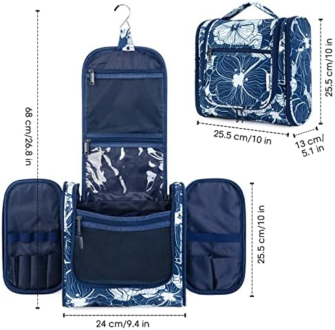 Narwey Large Blue Leaf Hanging Toiletry Bag for Women Travel and Men Cosmetics Organizers