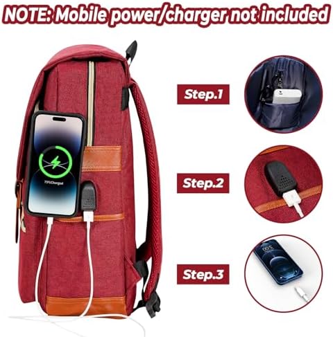 Ronyes Vintage Laptop Backpack for Women and Men, 15.6 inch Red Backpack with USB Charging Port for College and Work