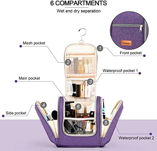 Water-resistant Travel Hanging Toiletry Bag for Women and Men, 6 Organizer Compartments, Holds Full Size Bottles, Black