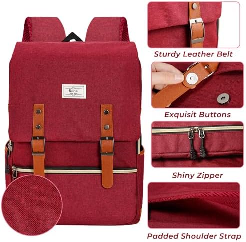 Ronyes Vintage Laptop Backpack for Women and Men, 15.6 inch Red Backpack with USB Charging Port for College and Work