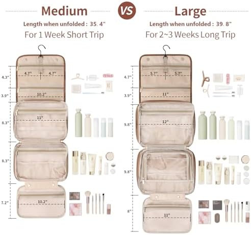 Hanging Travel Bag for Toiletries Quilted Plaid Waterproof Makeup Organizer Brown (M) Smart Large Compartments Toiletr
