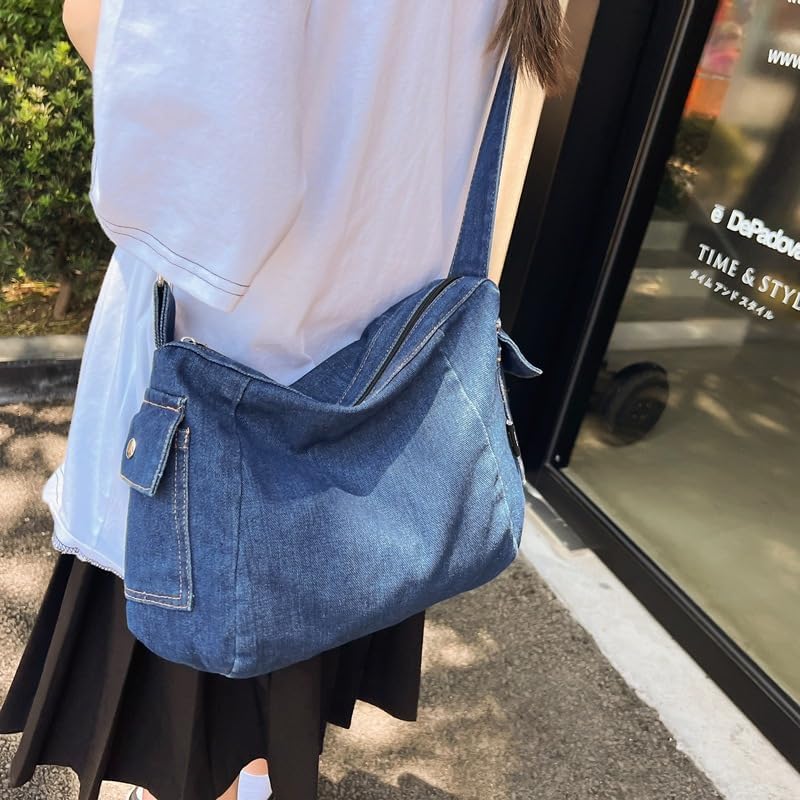 LIZHAOCAI Casual Retro Style Denim Tote Bag for Women Convenient Adjustable Shoulder Strap